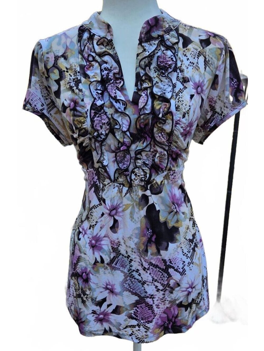 Cocomo Y2K Purple Floral Snake Print Ruffle V-Neck Top Tie Back Babydoll L